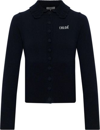 Chlo&eacute; Wol Cardigan Met Kraag - Dames - Vesten - Blauw - M - Wol - Truien & Vesten