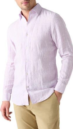 Robert Talbott Morgan Medium Stripe Linen Shirt in Purple at Nordstrom, Size Xx-Large - 36