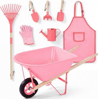 Best Choice Products Kids Gardening Tool Set 8 Piece with Wheelbarrow, Metal Tools, Apron, Gloves Ages 3+