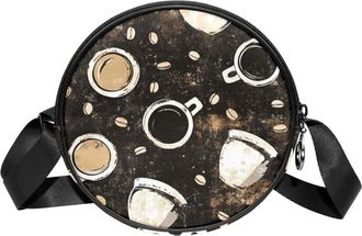 Generic Circle Crossbody Bag for Women, Coffee Cups Vintage Black Pattern Small Sling Bag Daypack with Zipper Adjustable Shoulder Straps Casual Ladies Girls R