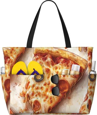 Generic Cute Pizza Print Large Beach Bag Foldable Travel Shoulder Tote Bag With Pocket For Weekender Pool Vacation