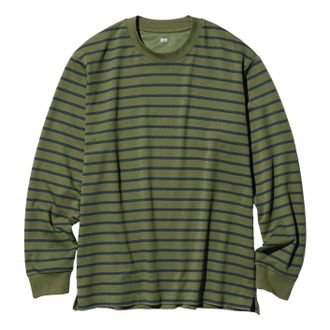 Uniqlo AIRism Cotton Striped Crew Neck T-Shirt Long Sleeve Olive 477340-56