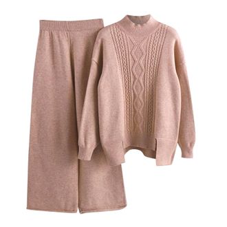 Generic Women Autumn And Winter Fashion Temperament Loose Casual Top And Wide Leg Pants Knitted Sweater Two Piece Suit Girl