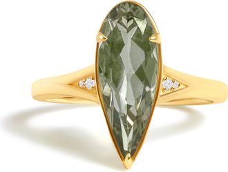 House of Brilliance 10K Yellow Gold Pear Green Amethyst and Diamond Accent Cocktail Ring