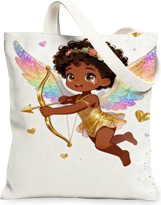 Generic ValentineS Day Angel Canvas Tote Bags, Cute Cherub Heart Pattern Reusable Bags, Fanciful Lightweight Washable Canvas for T, White, 13x15 Inch