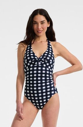 Lands End Knot Twist Halter One Piece in Navy Gingham Pique at Nordstrom, Size 16