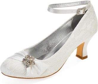 Generic Wedding Shoes Womens Lace Chunky Heel Pumps Round Toe Bridal Low Heels Prom Party Dress High Heels 6.5Cm,Ivory,5 UK