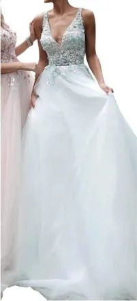 Jovani Floral Applique Plunging V-Neck Tulle Ballgown In Light Blue