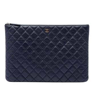 Chanel Pre-owned Vintage Quilted Caviar Leather Clutch - Dames - Pre-owned - Blauw - Maat: ONE Size Leer