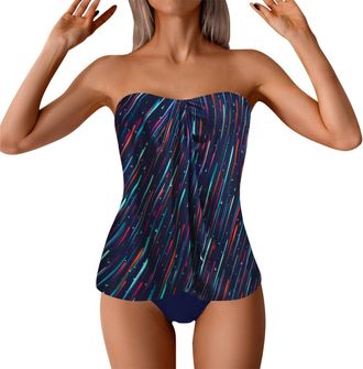 Generic Ladies Tankini Swimwear Sets Womens Neck Strapless Breasts Wear Split Swimsuit to Cover Their Belly and Look Fashionable Slimming Bikini Set (Dark Blu