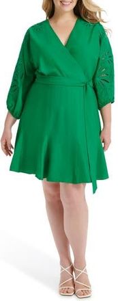 DKNY Floral Balloon Sleeve Faux Wrap Dress in Grass Green at Nordstrom Rack, Size 16W