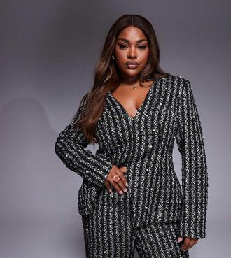 Asos Curve - Blazer in boucl&eacute; nero decorato con perle in coordinato
