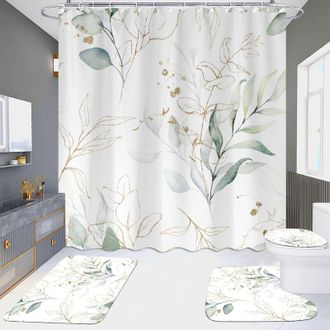 OEM Cortina De Ducha Con Estampado De Eucalipto Verde Salvia, Cortina De Ducha Con Estampado De Hojas Primaverales, Material Impermeable, Cortina De Ducha