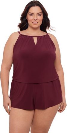 Aqua Green Plus Size Keyhole Blouson Slimming Swimsuit Romper with Pockets in Currant at Nordstrom, Size 1X