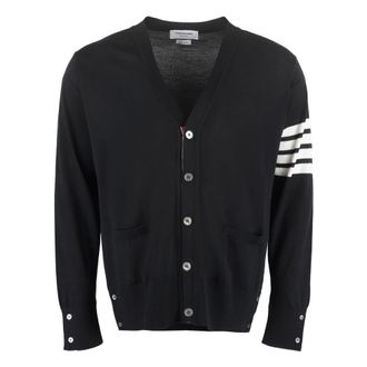 Thom Browne Cardigans, male, Black, L, Striped Merino Wool Cardigan with Tricolor Detail