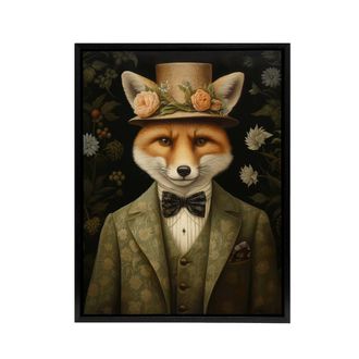 Artery8 Gentleman Fox In Floral Victorian Suit Framed Canvas Wall Art Print in Brown | Size: W24 x H32