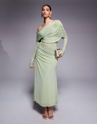 Asos Vestito lungo a maniche lunghe in misto rete verde salvia con scollo alla Bardot pronunciato