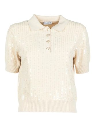 Marella sequin button polo top - women - Cotton/Polyamide/Polyester - M - Neutrals