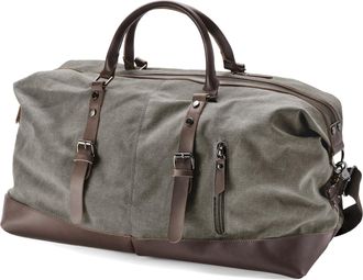 Trendhim Mens Metallic Grey Canvas and Brown Leather Large Duffel Bag for Travel Weekend and Gym Use Stylish Holdall for Sports