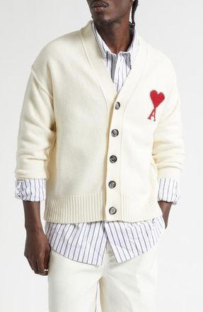 Ami Ami de Coeur Intarsia Wool Cardigan in Ecru/Rouge at Nordstrom, Size X-Large