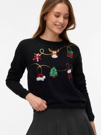 Vero Moda Weihnachtspullover VERO MODA VMGLITTER LS O-NECK XMAS BOX, Damen, Gr. XS, schwarz detail:with seq, garland artwork, Strick, Obermaterial: 100% Polyacr