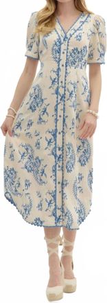 Entro Damask Midi Dress In Ivory/blue