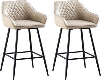 Ainpecca Barstools Set of 2 Bar Stool Faux Leather Upholstered seat with Backrest & Armrest Black Metal Legs Kitchen Breakfast Counter Chair (Beige