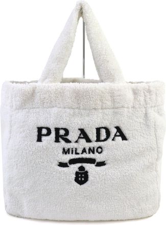 Prada Black White Polyester Leather Tote Bag (Pre-Owned)