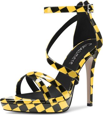 Castamere Women Stiletto High Platform Heel Open Toe Ankle Strap Gladiator Sandals Zipper Party Dress 12 CM Heels Yellow Plaid 4 UK