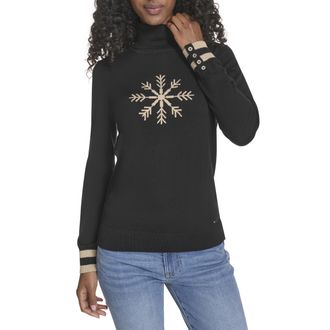 Tommy Hilfiger Womens Long Sleeve Cotton Turtleneck Light Weight Sweater, Black Snowflake, Small