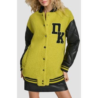 DKNY Logo Boucl&eacute; & Faux Leather Varsity Jacket in Citronella at Nordstrom, Size X-Small