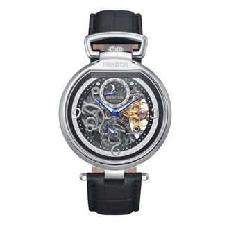Heritor Lincoln Leather-Band Skeleton Watch with Moon Phase in Black at Nordstrom