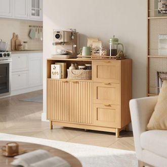 Woltu Credenza con 3 Cassetti, 2 Ante e 1 Scomparto Aperto, Ripiano Regolabile - per Cucina e Soggiorno - Effetto Legno