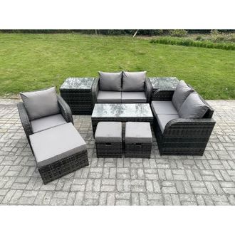 Fimous 8 Seater Rattan Outdoor Garden Furniture Sofa Set Patio Table & Chairs Set with 2 Side Tables 3 Footstools Dark Grey Mixed - Fimous