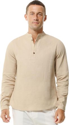 Hoerev Mens Henley Beach Long Sleeves Linen Cotton Shirt,X-Large,Beige