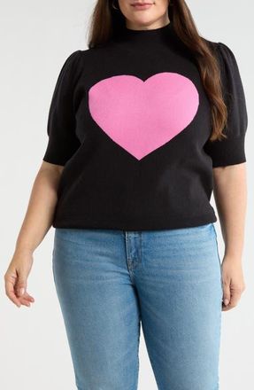 Sugarlips Russel Heart Puff Sleeve Sweater in Black-Pink at Nordstrom, Size 2X