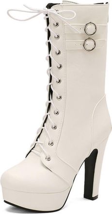 Generic Womens Punk Style Platform Chunky Heel Boots, Mid-Calf with Front Lacing, Side Zip, and Buckle,White,1.5 UK
