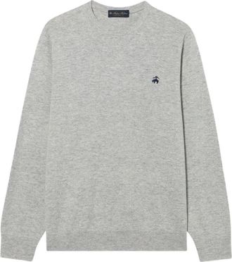 Brooks Brothers Lamswol trui met ronde hals en logo - Heren - Ronde hals truien - Grijs - XL - Wol - Truien & Vesten