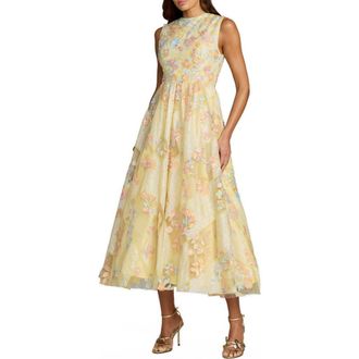 Mac Duggal Floral Embroidered Sleeveless Tulle Midi Dress in Yellow Multi at Nordstrom, Size 14