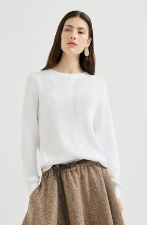 Brunello Cucinelli Cotton English rib sweater with monili in White at Nordstrom, Size Xxx-Large