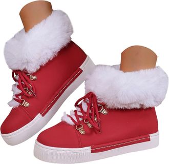 Generic Womens Winter Boots - Lace Up Warm Fuzzy Casual Ankle Booties, Platform Outdoor Shoes for Cold Weather(Red,9.5)