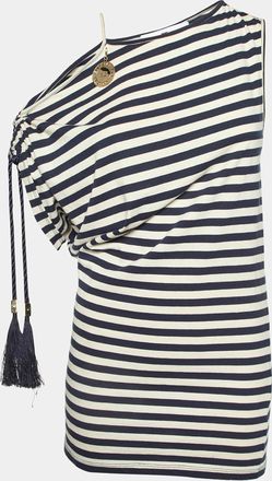 Elisabetta Franchi Jeans Marine Blue Striped Jersey Asymmetric Top