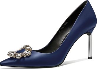 Castamere Women Stiletto High Heel Pointed Toe Pumps Court Shoe Slip-on Diamond Crystal Wedding Party 8.5 CM Heels Navy Blue Satin 10.5 UK