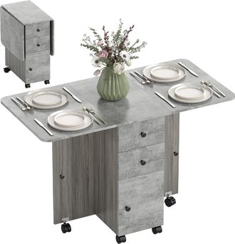 OEM Mesa Plegable De Comedor Con Ruedas Alas Abatibles 2 Cajones Y Armario Hasta 6 Personas 120x60x76,5 Cm Gris