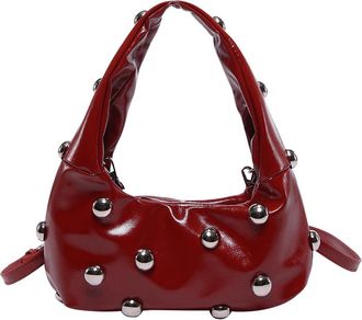 Generic Women PU Rivet Shoulder Bag Stylish Crossbody Bag Solid Color Fashion Tote Handbag Adjustable Strap Punk Style Satchel Purse Chic Hobo Bag (Red)