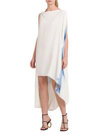 Ferragamo Degrade-Print Draped High-Low Dress In Sky Blue Indigo Off White