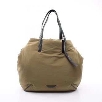 Bottega Veneta Black Khaki Nylon Leather Handbag Tote Bag (Pre-Owned)