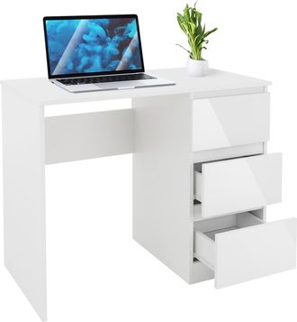 ML Design Ml-design - Escritorio Con 3 Cajones 90x76x50 Cm Blanco Con Tapas De Cajones Brillantes Con Gran Espacio De Almacenamiento Mesa De Trabajo Para Ordena