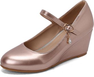 Generic Womens Mary Jane Wedge Shoes Adjustable Buckle Strap Teardrop Crystal Charm Round Toe Metallic PU Leather Non Slip Sole Comfortable Stylish Daily Shoe