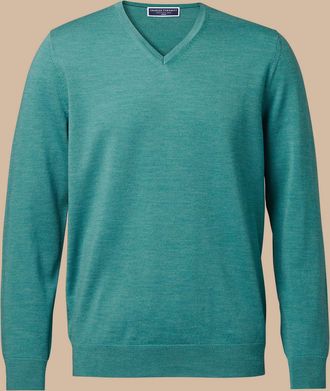 CHARLES TYRWHITT Merino V-Neck Wool Jumper - Teal Size Large by Charles Tyrwhitt